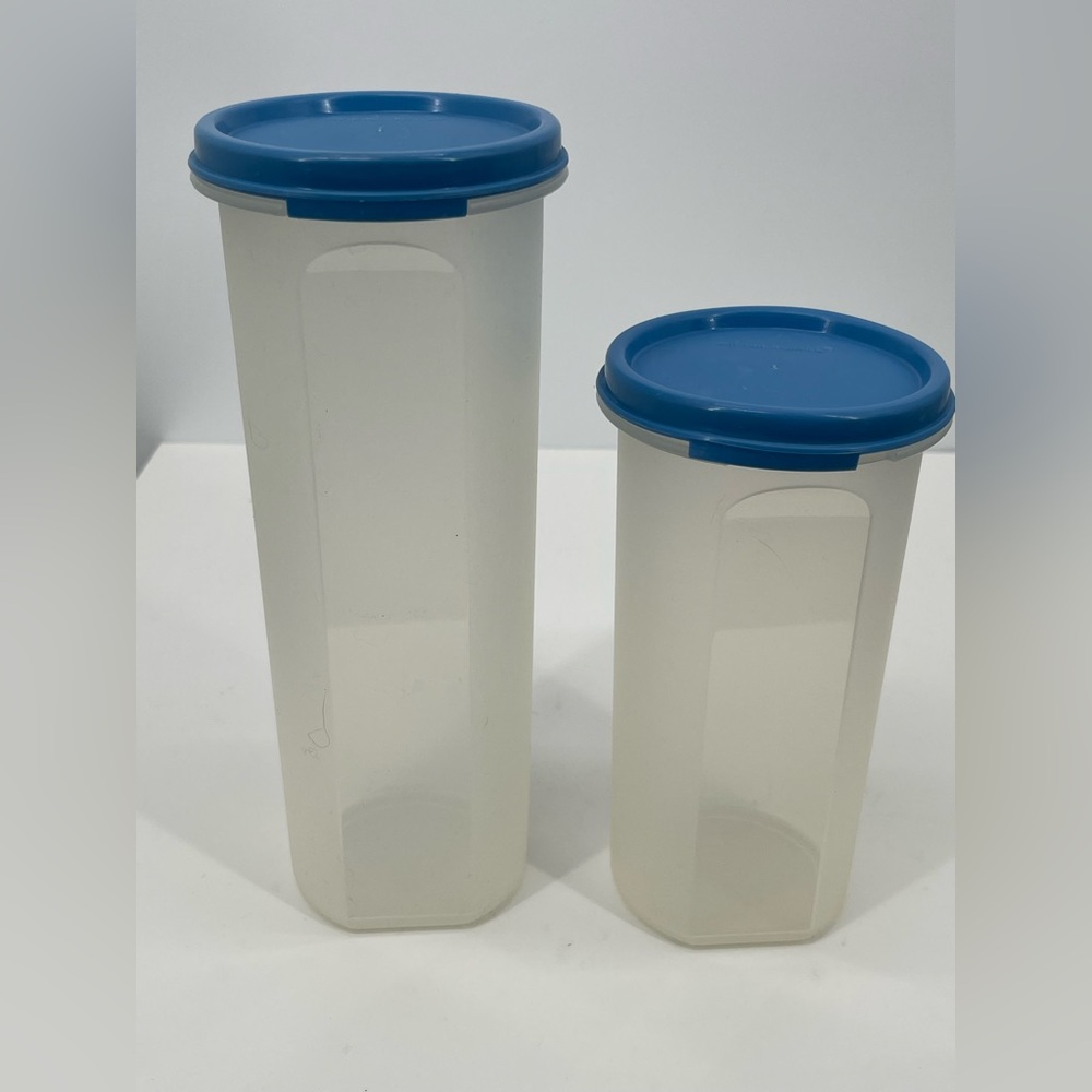 Tupperware Set of 2 Tall Clear Plastic Storage Containers with Blue Lids